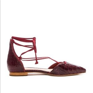 Schutz Neida croc embossed leather pointed flats with ankle ties